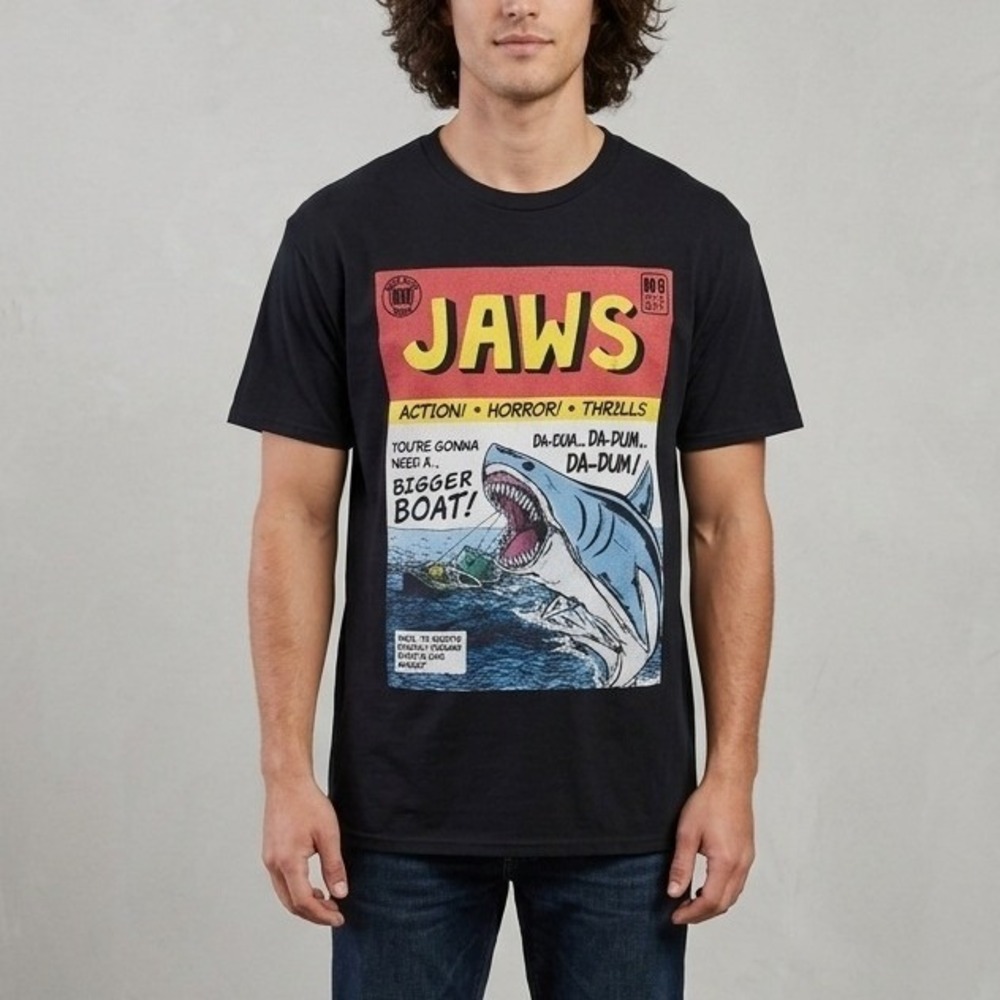 American Classics Jaws Graphic T-Shirt Mens 2XL Black Comic Book Style Movie Tee